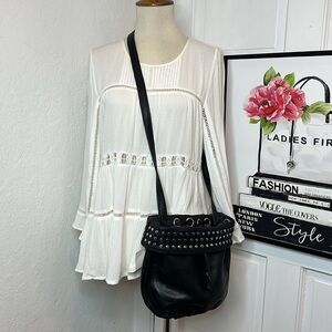 NWT Marissa Del Rosario Black Pebbled Leather Small Studded Bucket Crossbody Bag